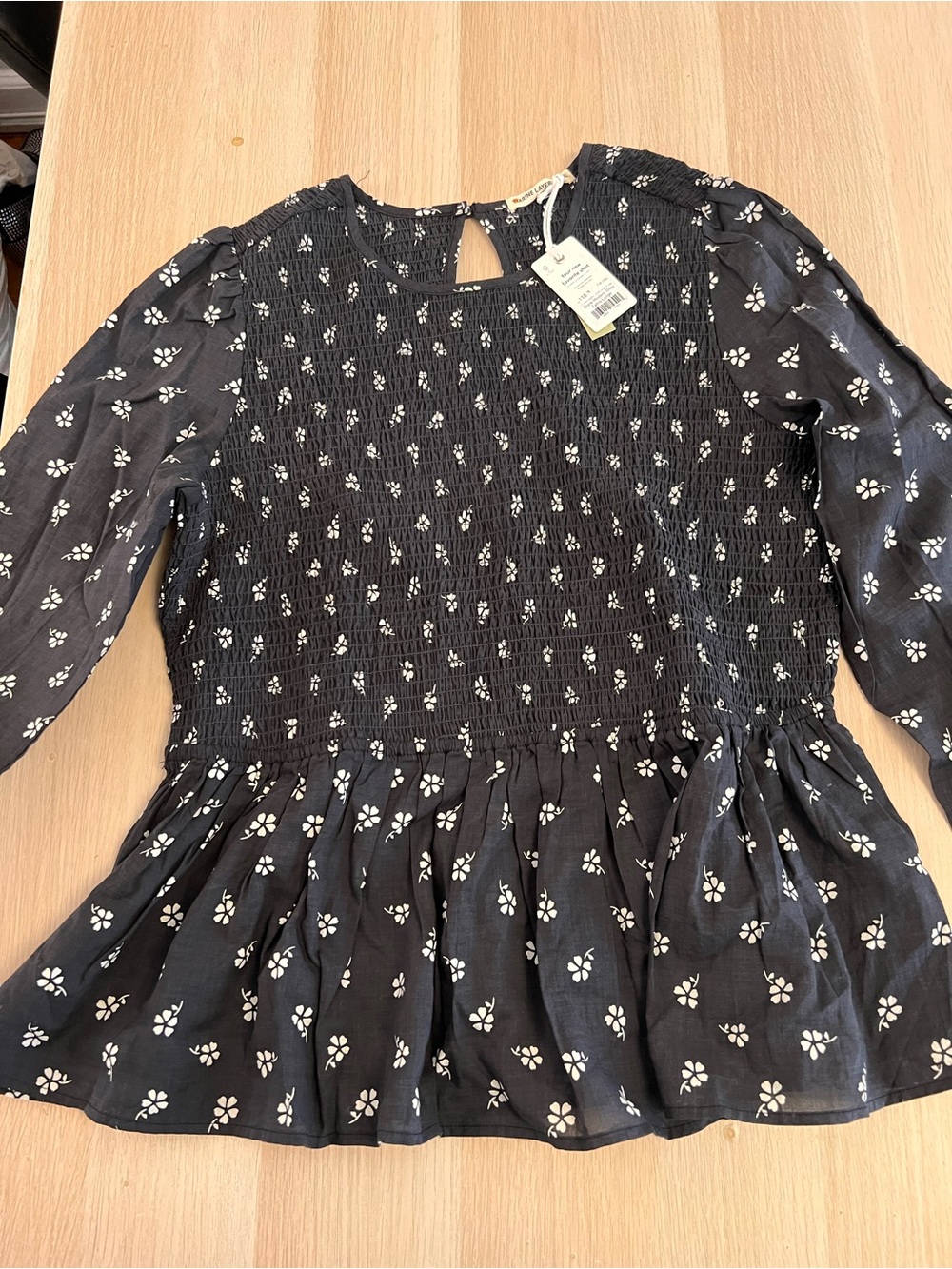 NWT Marine Layer Black Floral Smocked Peplum Top size XL